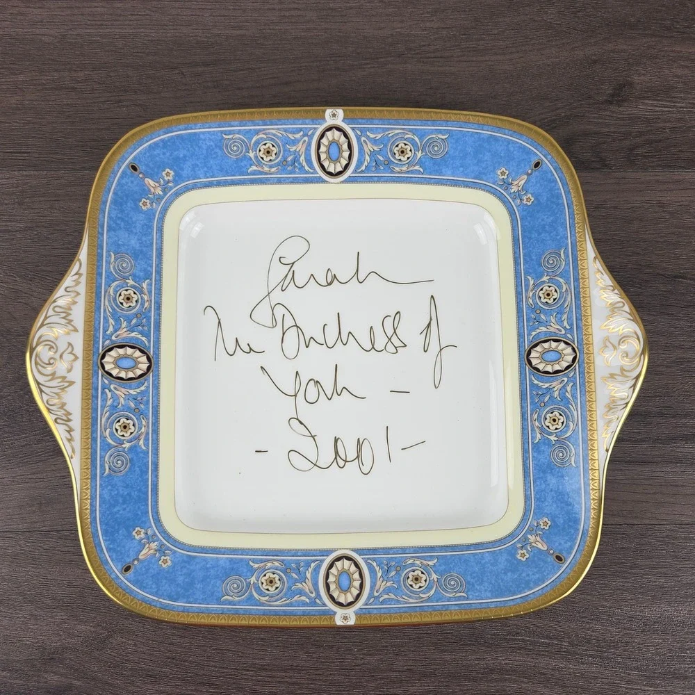 Wedgwood Madeleine Square Cake Plate Sarah Duchess of York Signed 2001 Blue Gold
